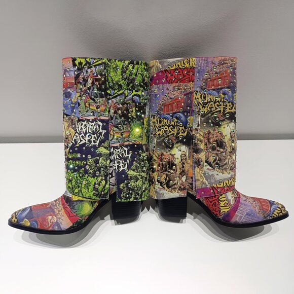 Punk Western Cowboy Boots With Rhinestones & Random Graffiti Mix - Picture 4 of 5